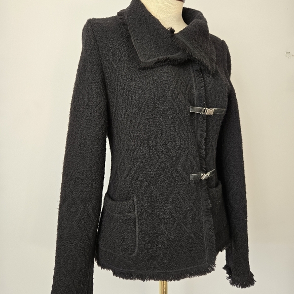 LUISA SPAGNOLI ITALY Virgin Wool Boucle Black Sweater with Fringed Hem. Size S - Picture 2 of 16